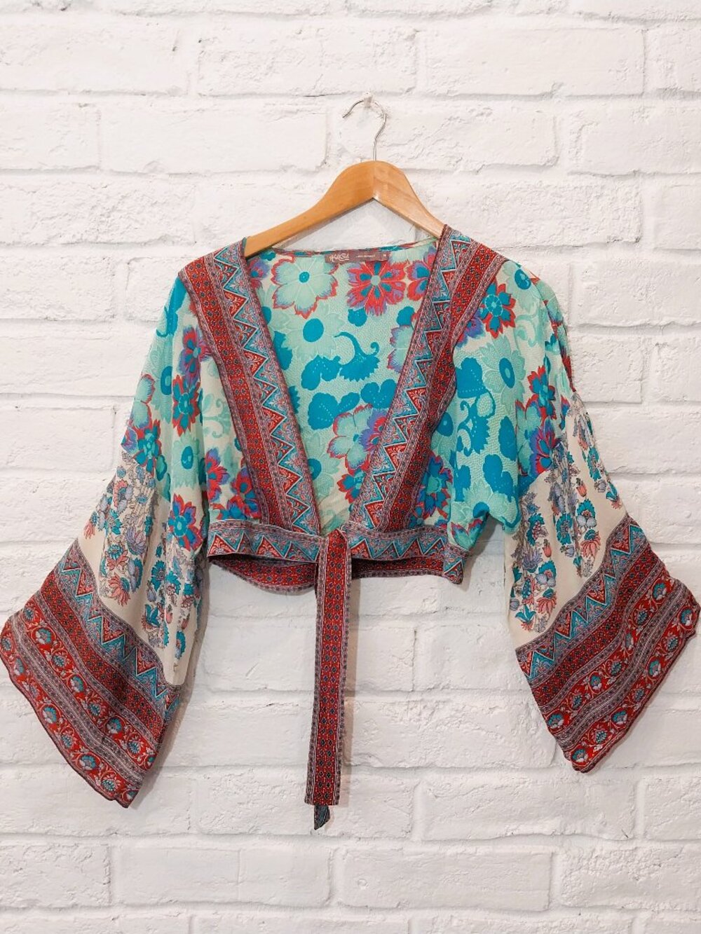 Hale Bob 100% Silk Kimono Crop Top Womens S Multicolor Print Boho Blouse V-Neck,